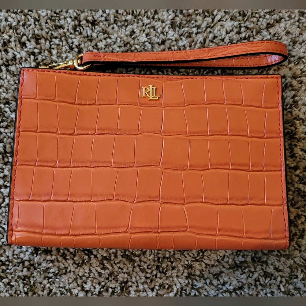Lauren By Ralph Lauren Spring Orange Croc-Embossed Wristlet